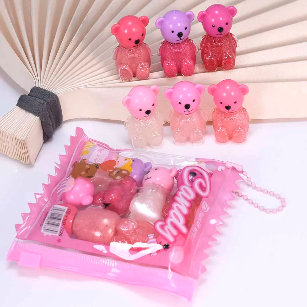 6Pcs Kawaii Bear Shiny Liquid Lipgloss 6 Colors set Lip Plumping Waterproof Longlasting Nonstick Lip Tints Lips Makeup