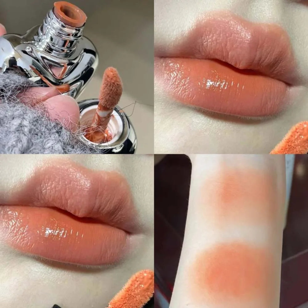 Peach Heart Silky Matte Lipgloss&Blush Low-saturation Gray Pink Liquid Lipstick Waterproof Non-Stick Cup No Fade Lip Tint Makeup